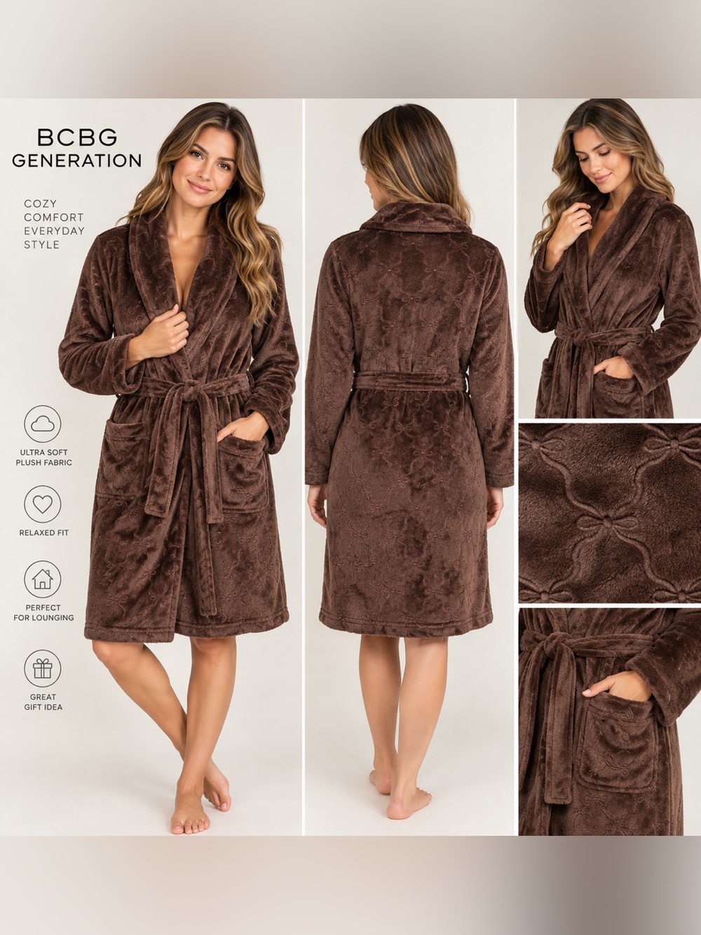 BCBG Generation Brown Plush Embossed Robe S/M NWT Belt Missing